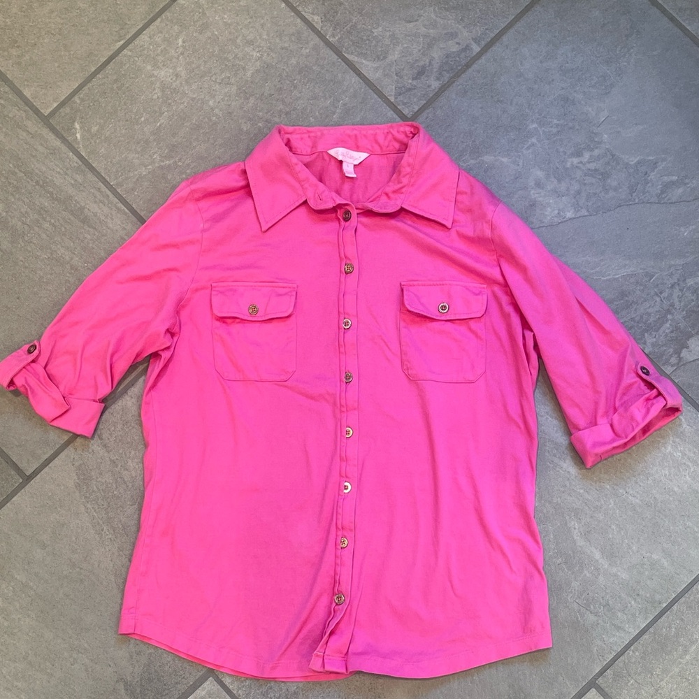 Lilly Pulitzer Cruiser Button Down Shirt Roll Tab Sleeves 100% Cotton size Large